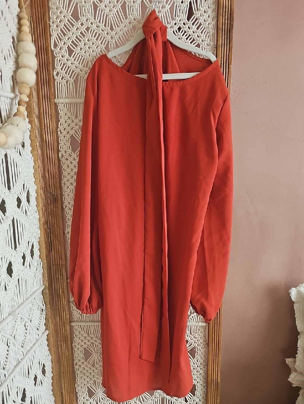 Women's Red Long-Sleeve Tie-Neck Dress